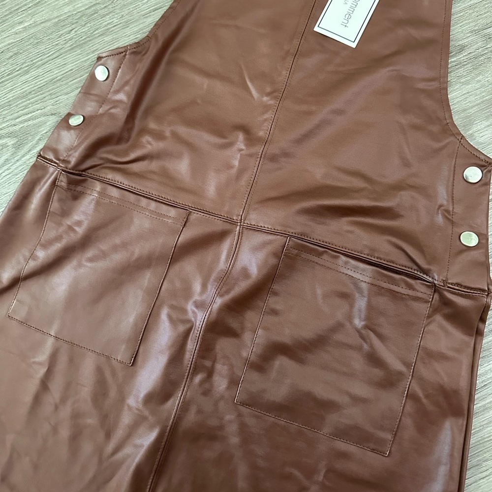 No comment| Chocolate Brown Leather Like Overall Mini Dress - Picture 2 of 6